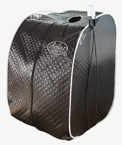 Black portable Relax Sauna with quilted design and 'Relax' brand logo on a white background