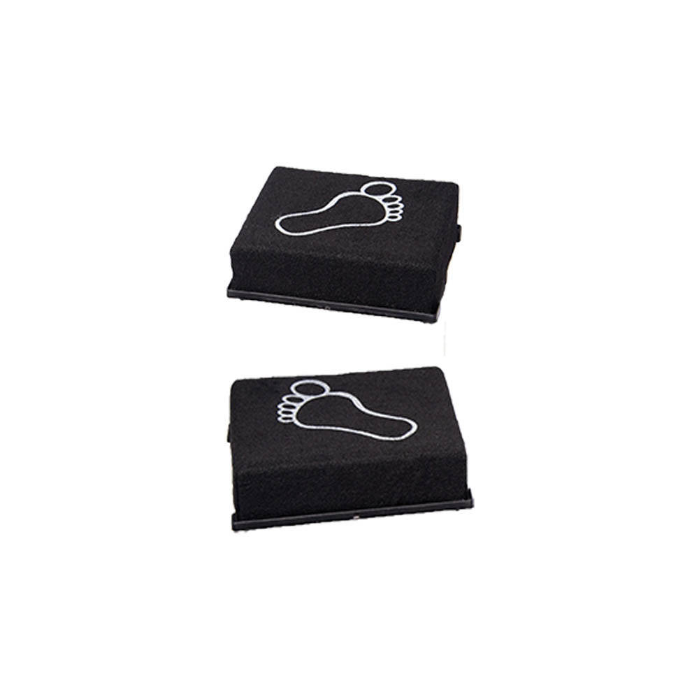 Relax Far Infrared Sauna Foot Pad Replacement Parts Set of 2. Two black footstools with white footprints on a white background