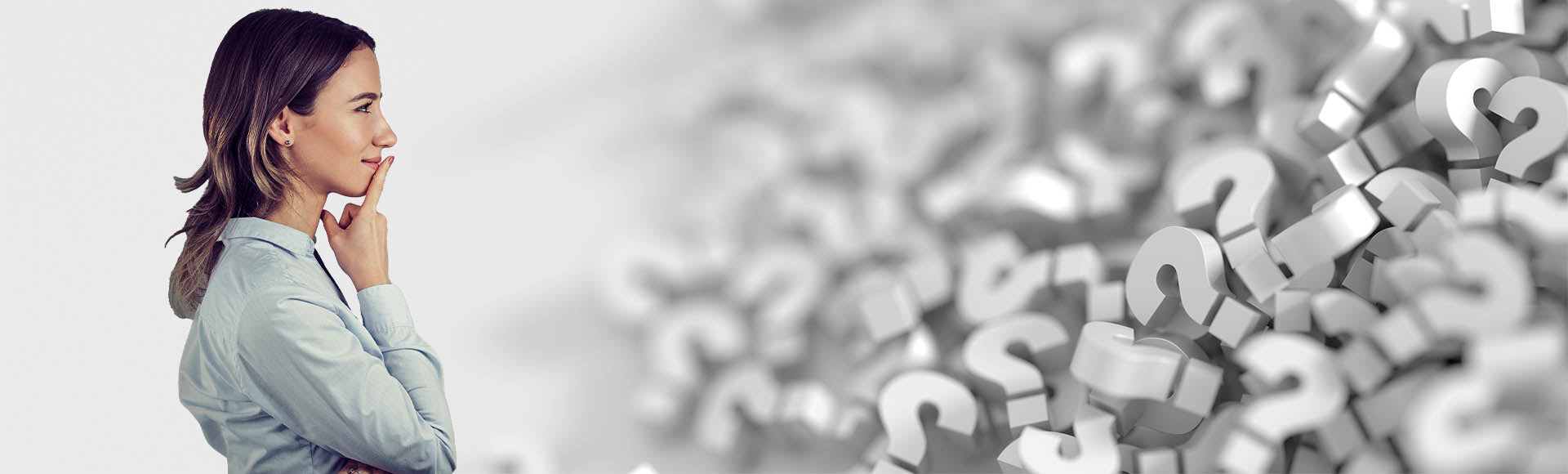 What to Know When Buying a Sauna Relax Far Infrared. Woman with a thoughtful expression surrounded by question marks on a light gray background